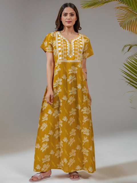 Nihsamah Women Yellow Premium Embroidered Nighty
