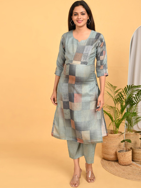 GOLDSTROMS Women Printed Maternity Linen Kurta with Trousers