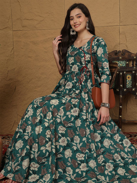GLAM ROOTS Floral Printed Asymmetric Anarkali Cotton Kurta