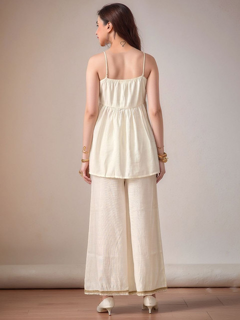 Sangria Self Design Shoulder Strap Peplum Top & Trousers Co-Ords - Image 5