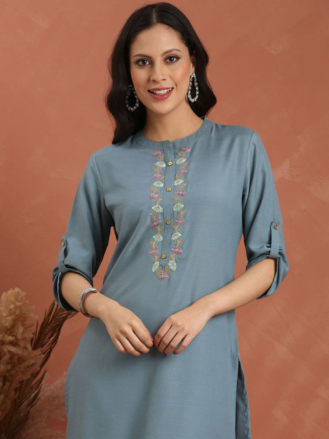 Anouk Floral Yoke Design Round Neck Straight Kurta