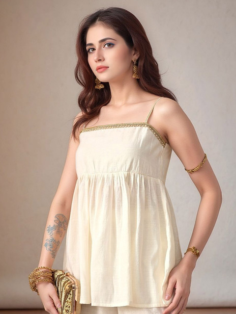 Sangria Self Design Shoulder Strap Peplum Top & Trousers Co-Ords - Image 6