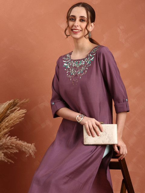 Anouk Women Solid Embroidered Daily A-Line Kurta