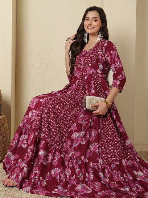 GLAM ROOTS Women Ethnic Motifs Printed Mirror Work Panelled Anarkali Ankle Length Kurta