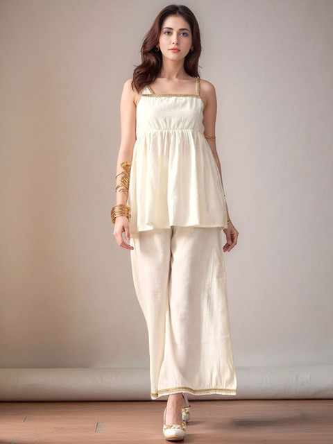 Sangria Self Design Shoulder Strap Peplum Top & Trousers Co-Ords