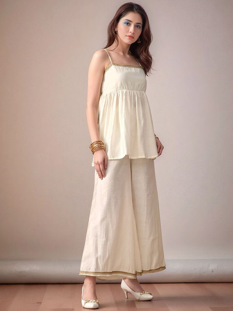 Sangria Self Design Shoulder Strap Peplum Top & Trousers Co-Ords - Image 4