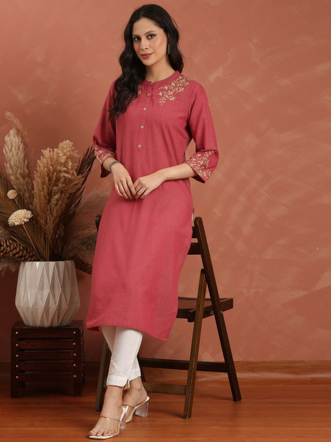 Anouk Women Floral Embroidered Daily Pure Cotton A-Line Kurta