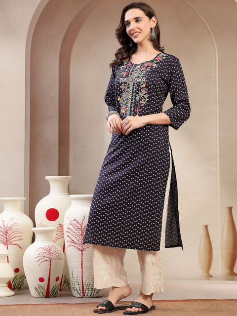 Sangria Women Printed with Embroidered Cotton Straight Kurta