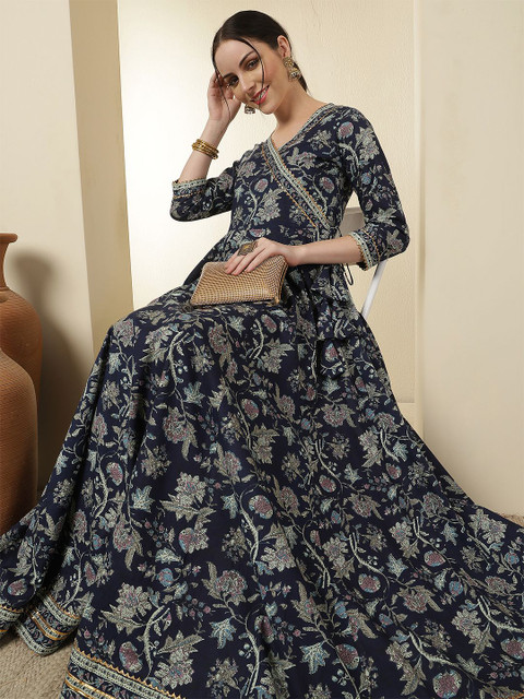 GLAM ROOTS Floral Printed Asymmetric Anarkali Kurta