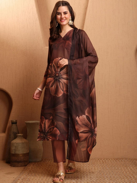 Sangria Women Floral Printed Straight Kurta & Trousers Dupatta