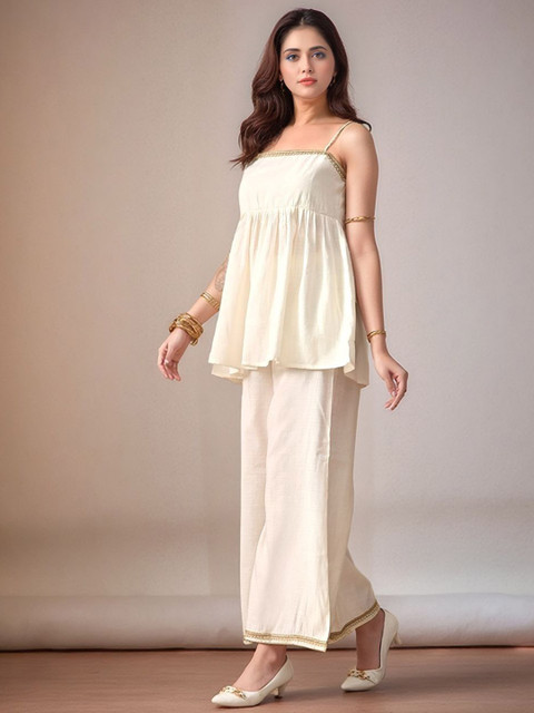 Sangria Self Design Shoulder Strap Peplum Top & Trousers Co-Ords - Image 3