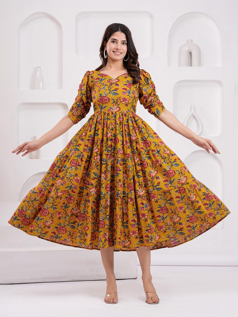 Machla Floral Printed Sweetheart Neck Pure Cotton A-Line Maternity Ethnic Dress