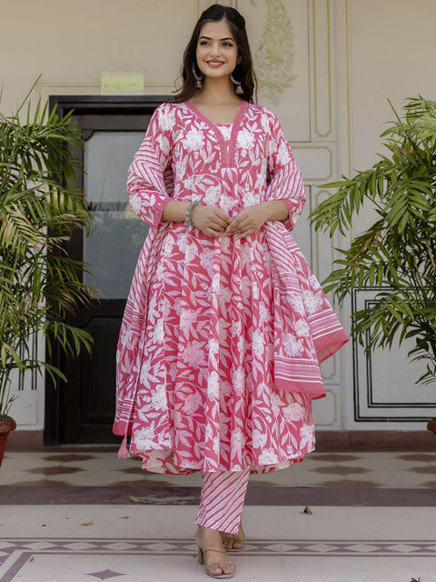 Anouk Rustic Floral Printed Square Neck Pure Cotton Anarkali Kurta With Pyjamas & Dupatta