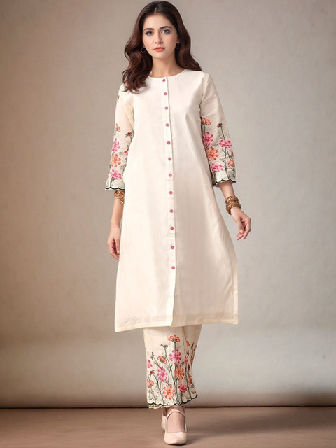 Sangria Women Floral Embroidered Cotton Kurta with Palazzos