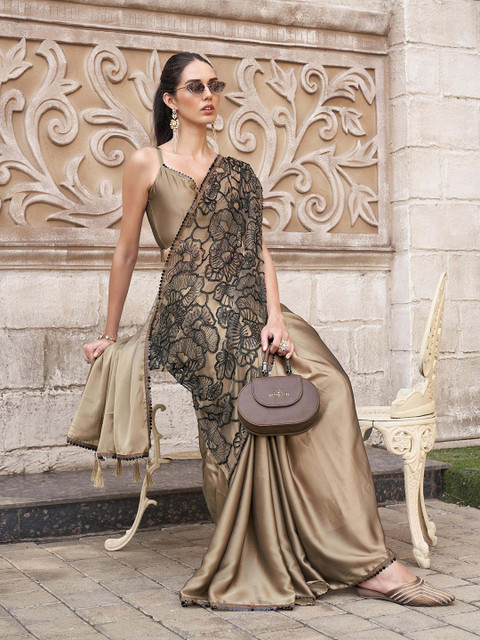 Tikhi Imli Embellished Embroidered Beads and Stones Satin Half and Half Saree