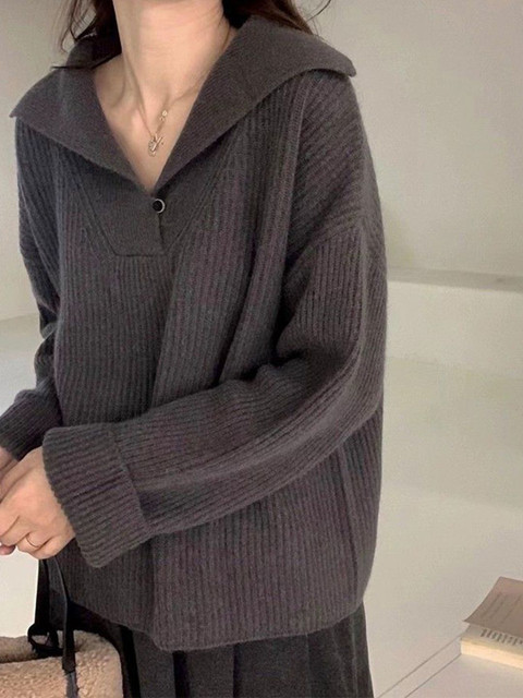 DressBerry Women Cable Knit Self Design Shirt Collar Long Sleeve Sweaters