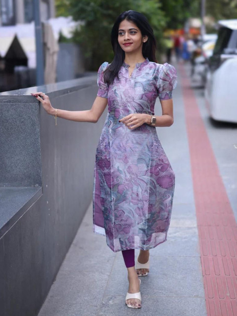 Tulip Eden Floral Printed Mandarin Collar Chanderi Silk Straight Kurta