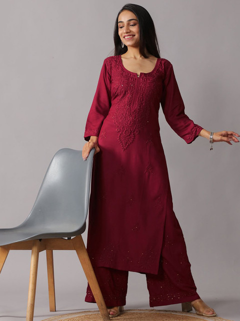colorkosh Floral Embroidered Notch Neck Thread Work Straight Kurta With Palazzos - Image 6