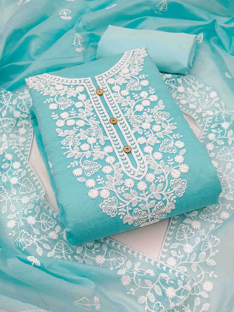 Blissta Floral Embroidered Thread Work Chanderi Cotton Unstitched Dress Material