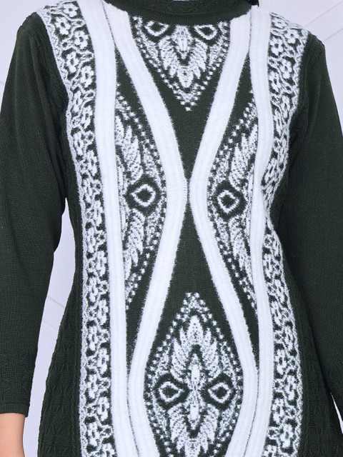 KNITZY Women Geometric Calf Length Regular Pure Wool Straight Kurta with Trousers - Image 2
