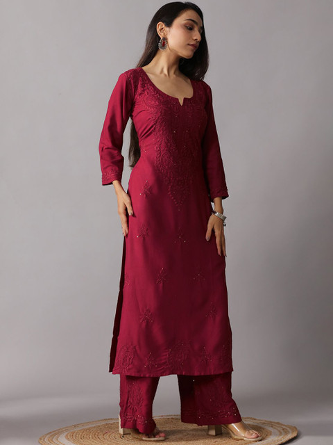 colorkosh Floral Embroidered Notch Neck Thread Work Straight Kurta With Palazzos - Image 3