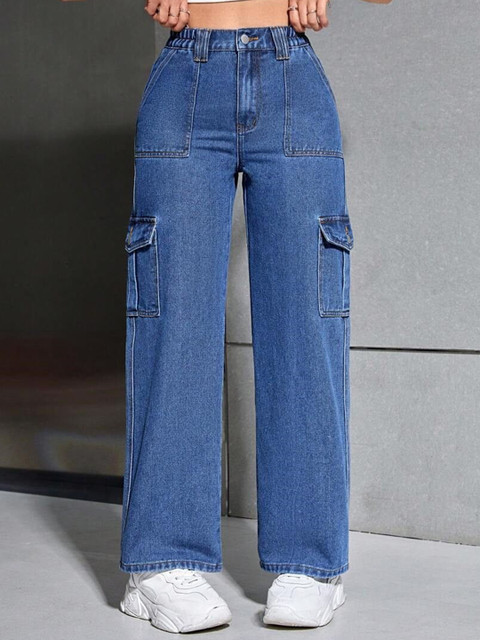 NUCOUTHS Women Jean Straight Fit High-Rise Light Fade Stretchable Cargo Styles Jeans