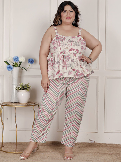 Doriyaan Plus Size Floral Printed Shoulder Straps Pure Cotton Top & Trouser