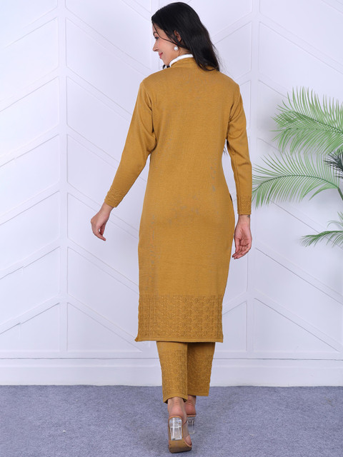 KNITZY Floral Woven Design Round Neck Pure Woollen Kurta With Trousers - Image 5