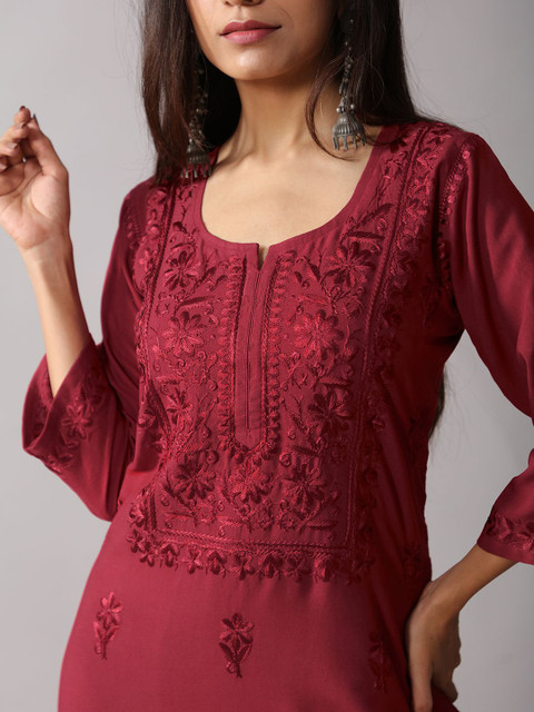 colorkosh Women Maroon Woven Design Embroidered Chikankari Kurta with Palazzos Round Neck Set - Image 2