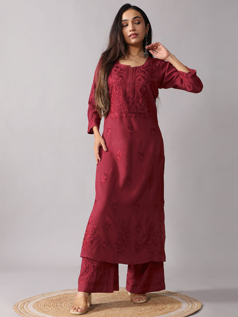 colorkosh Women Maroon Woven Design Embroidered Chikankari Kurta with Palazzos Round Neck Set - Image 4
