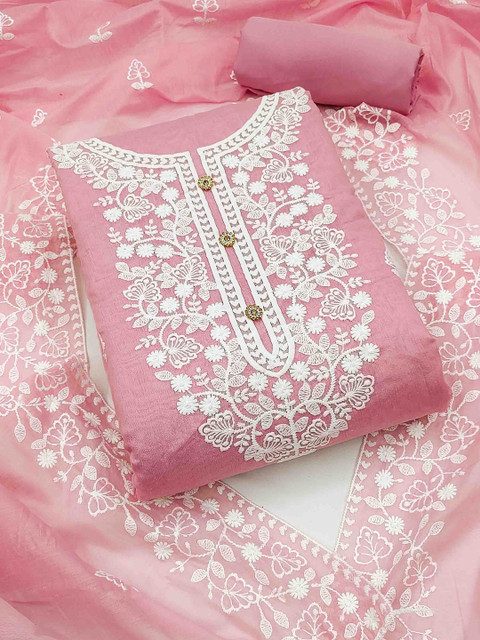 Blissta Floral Embroidered Thread Work Chanderi Cotton Unstitched Dress Material