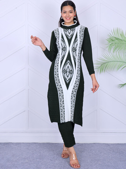 KNITZY Women Geometric Calf Length Regular Pure Wool Straight Kurta with Trousers - Image 6