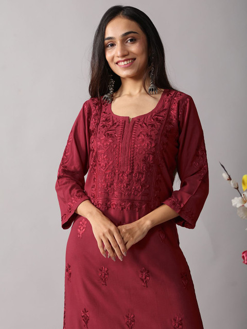 colorkosh Women Maroon Woven Design Embroidered Chikankari Kurta with Palazzos Round Neck Set - Image 6