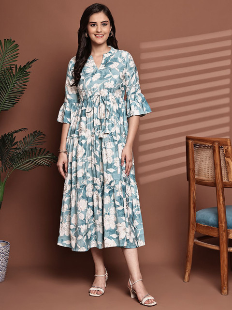 Claura Women Floral Printed Gathered Bell Sleeve Fit and Flare Midi Dress