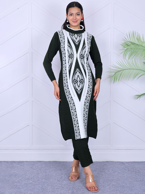KNITZY Women Geometric Calf Length Regular Pure Wool Straight Kurta with Trousers