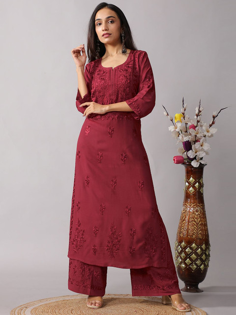 colorkosh Women Maroon Woven Design Embroidered Chikankari Kurta with Palazzos Round Neck Set