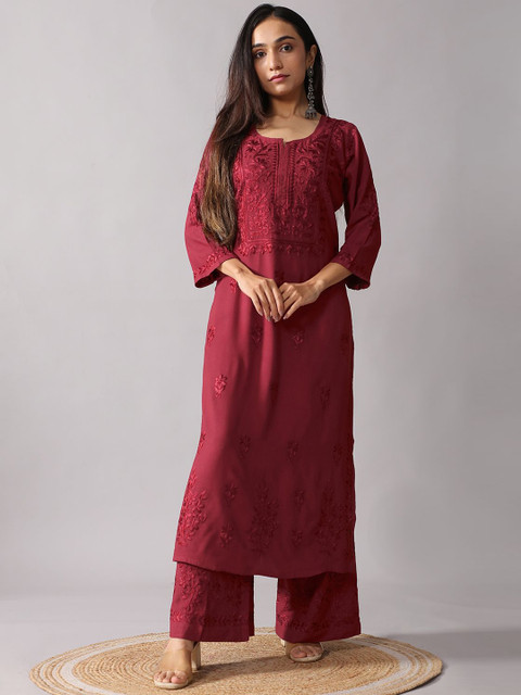 colorkosh Women Maroon Woven Design Embroidered Chikankari Kurta with Palazzos Round Neck Set - Image 5