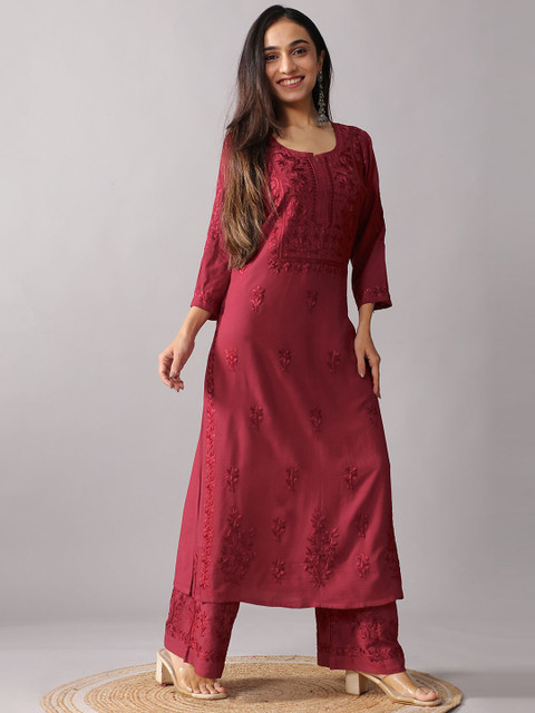 colorkosh Women Maroon Woven Design Embroidered Chikankari Kurta with Palazzos Round Neck Set - Image 3