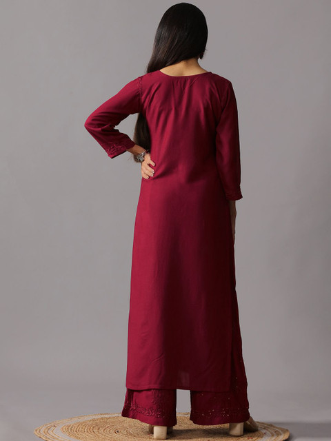 colorkosh Floral Embroidered Notch Neck Thread Work Straight Kurta With Palazzos - Image 4