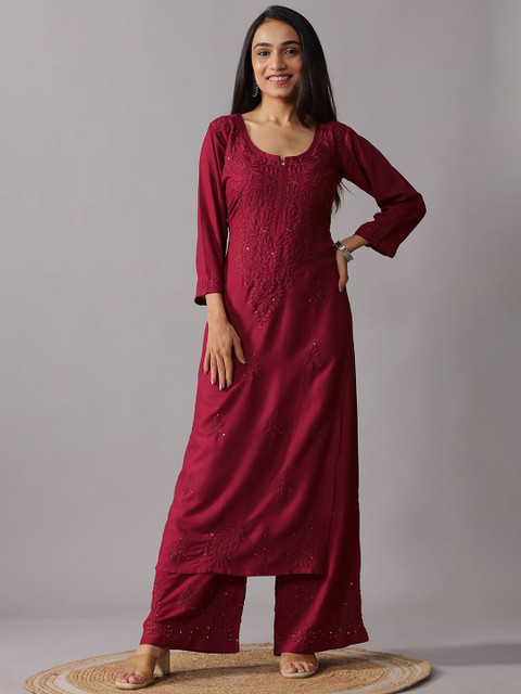 colorkosh Floral Embroidered Notch Neck Thread Work Straight Kurta With Palazzos - Image 5