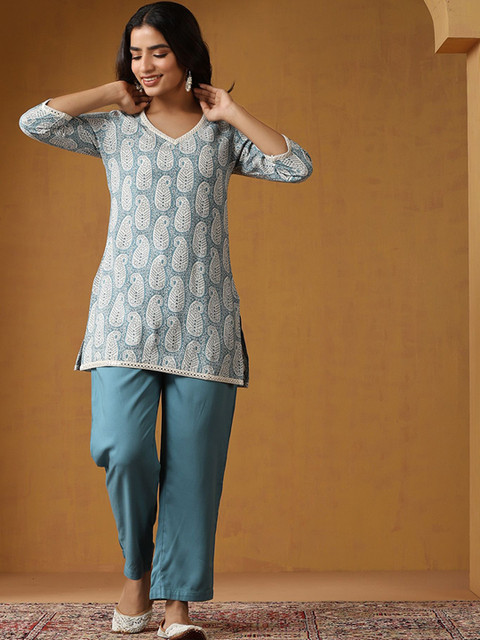 ETC Paisley Printed V-Neck Pure Cotton Tunic & Trousers
