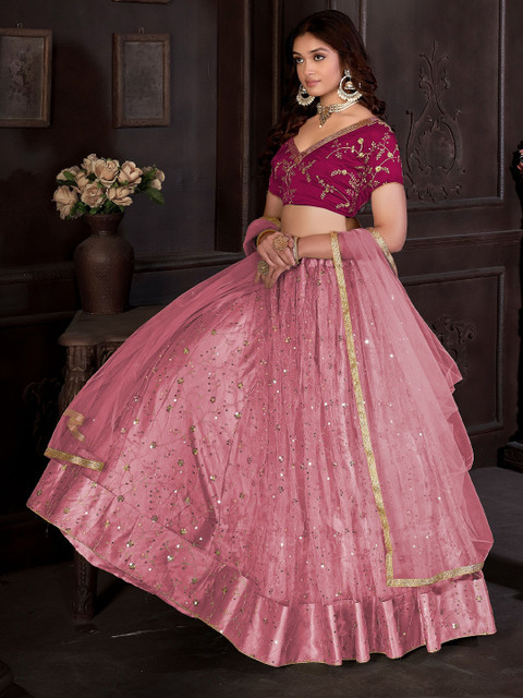 Warthy Ent Embroidered Sequinned Net Semi-Stitched Lehenga & Unstitched Blouse & Dupatta