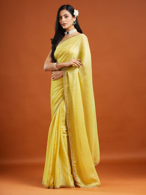 LOROFY Beads and Stones Embellished Pure Chiffon Zimmy Choo Saree - Image 3