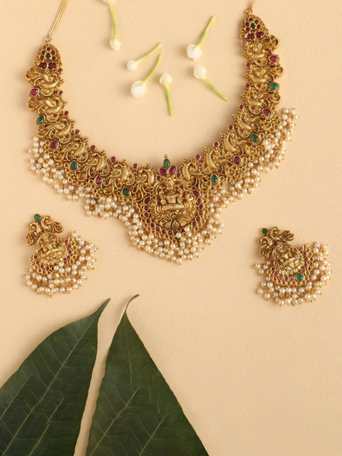 Shining Diva Gold-Plated Stone-Studded & Pearls Beaded Jewellery Set