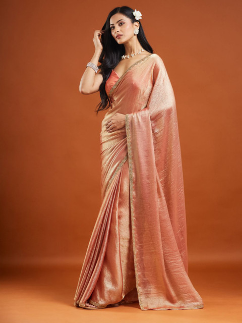LOROFY Embellished Beads and Stones Pure Chiffon Saree