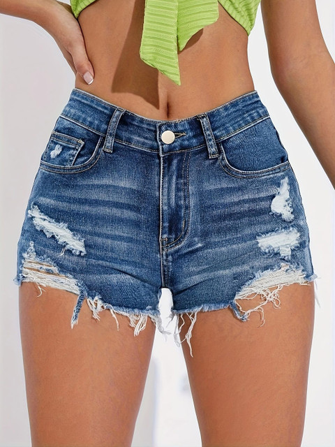 AVANOVA Women Washed High-Rise Ripped Denim Shorts