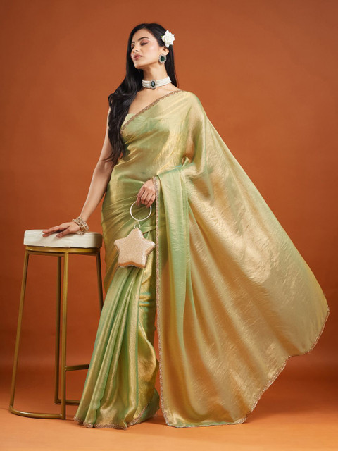 LOROFY Embellished Beads and Stones Pure Chiffon Saree