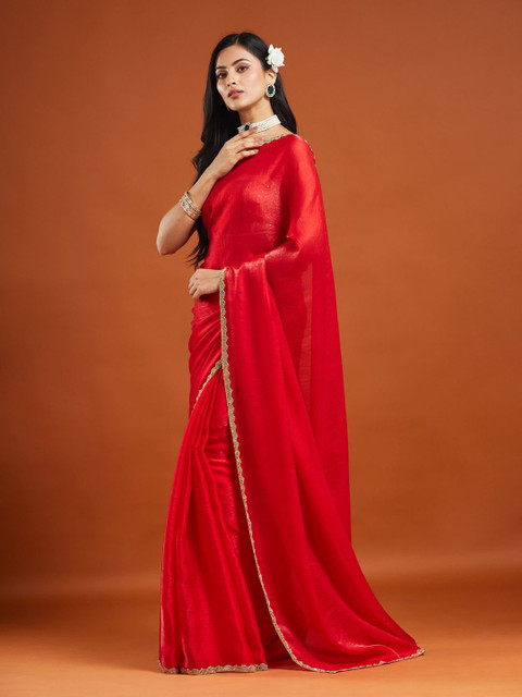 LOROFY Woven Design Beads and Stones Pure Chiffon Saree