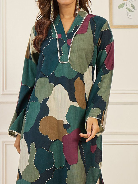 Anouk Abstract Printed V-Neck Chanderi Silk Straight Kurta - Image 2