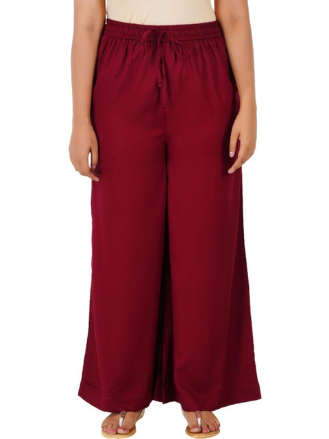 Happy Bunny Women Maroon Solid Mid-Rise Regular Fit Palazzo Pants